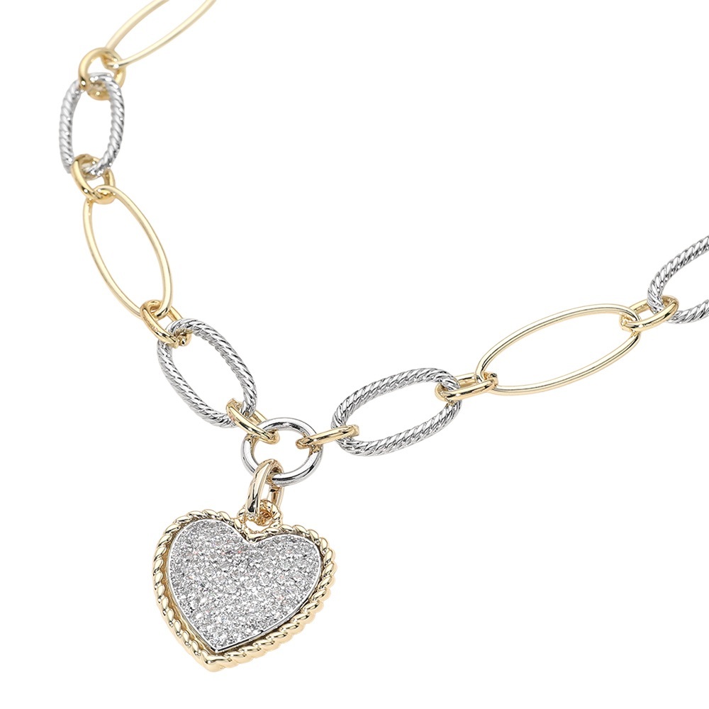 14K Gold Plated Two Tone CZ Stone Pave Heart Pendant Necklace - Picture 2 of 4